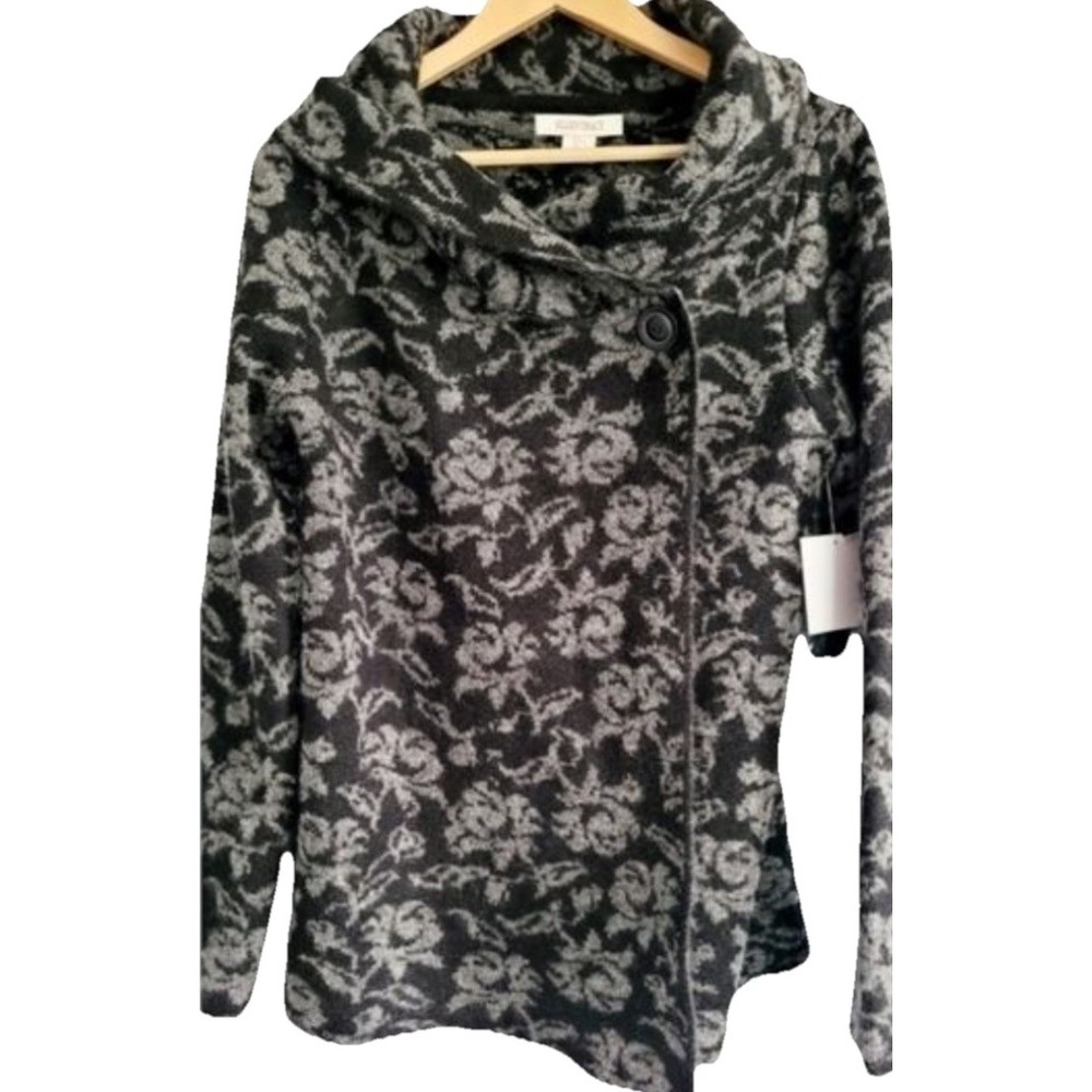Ellen Tracy M  Black and‎ Gray Floral Print Sweater Jacket Heavy Wool Cowl Cuffs